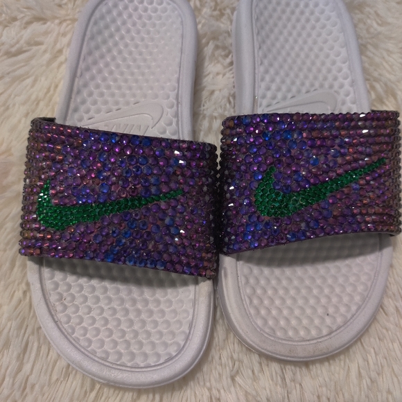 Blinged Out Nike Slides Purple and Green Size US 6 - Picture 3 of 6